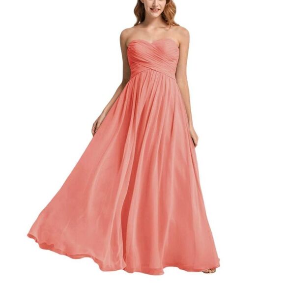 Gown Long Maxi Dress Formal Strapless A Line Peachy Chiffon Floor Length - Picture 2 of 11